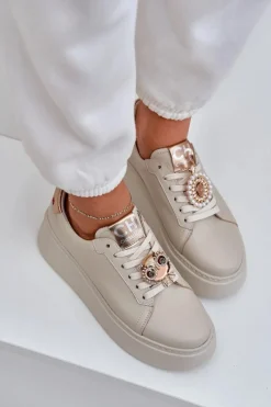 Clearance Damskie Skórzane Sneakersy 4411 Jasnobeżowe Damskie Buty Sportowe Na Platformie
