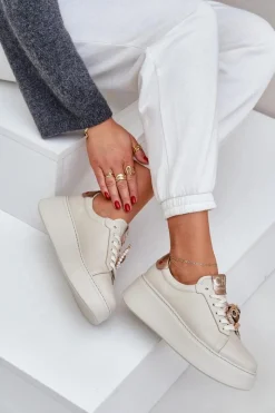 Clearance Damskie Skórzane Sneakersy 4411 Jasnobeżowe Damskie Buty Sportowe Na Platformie
