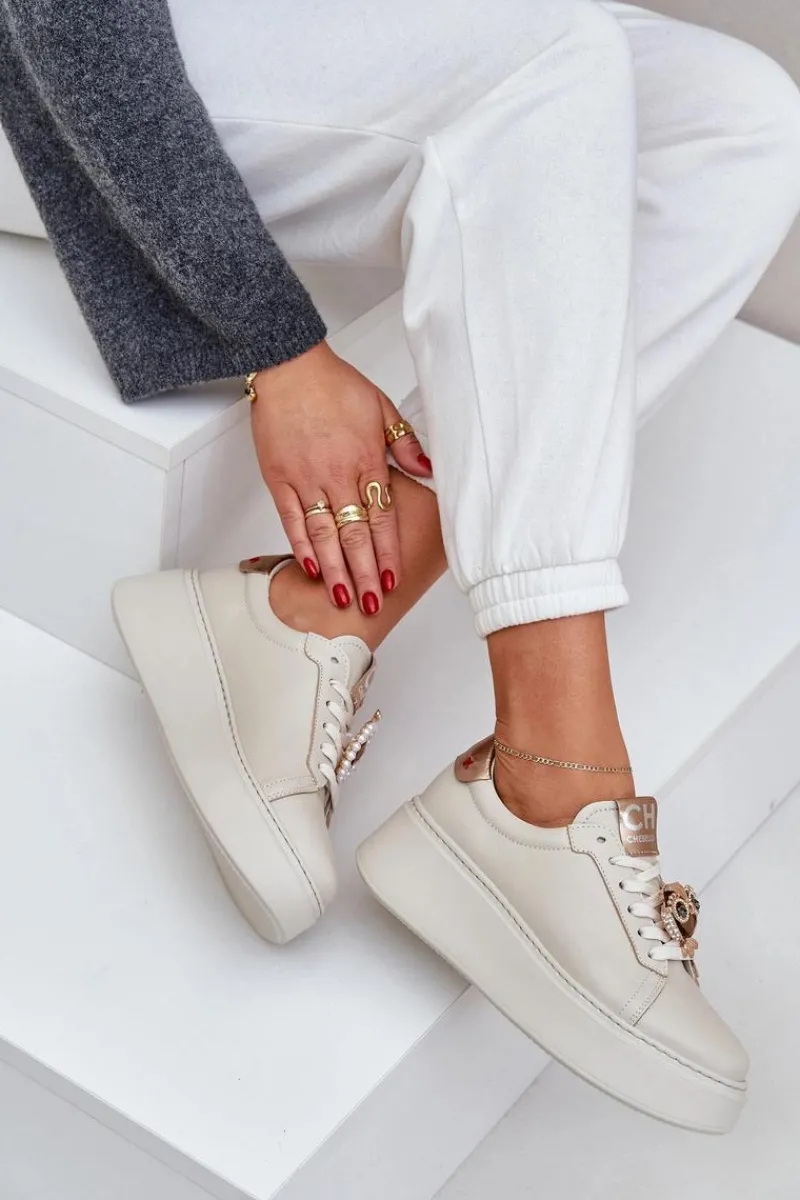 Clearance Damskie Skórzane Sneakersy 4411 Jasnobeżowe Damskie Buty Sportowe Na Platformie