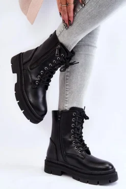 Clearance Damskie Skórzane Sznurowane Botki Trapery Czarne Shanna Damskie Damskie Trapery|Botki Sznurowane