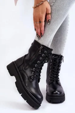 Clearance Damskie Skórzane Sznurowane Botki Trapery Czarne Shanna Damskie Damskie Trapery|Botki Sznurowane