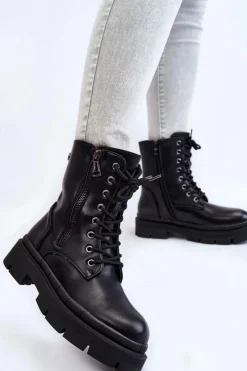 Clearance Damskie Skórzane Sznurowane Botki Trapery Czarne Shanna Damskie Damskie Trapery|Botki Sznurowane