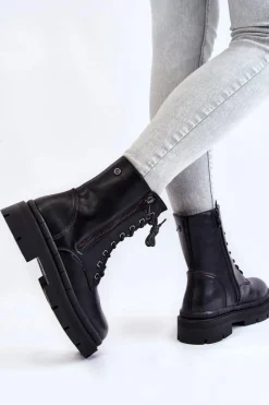 Clearance Damskie Skórzane Sznurowane Botki Trapery Czarne Shanna Damskie Damskie Trapery|Botki Sznurowane