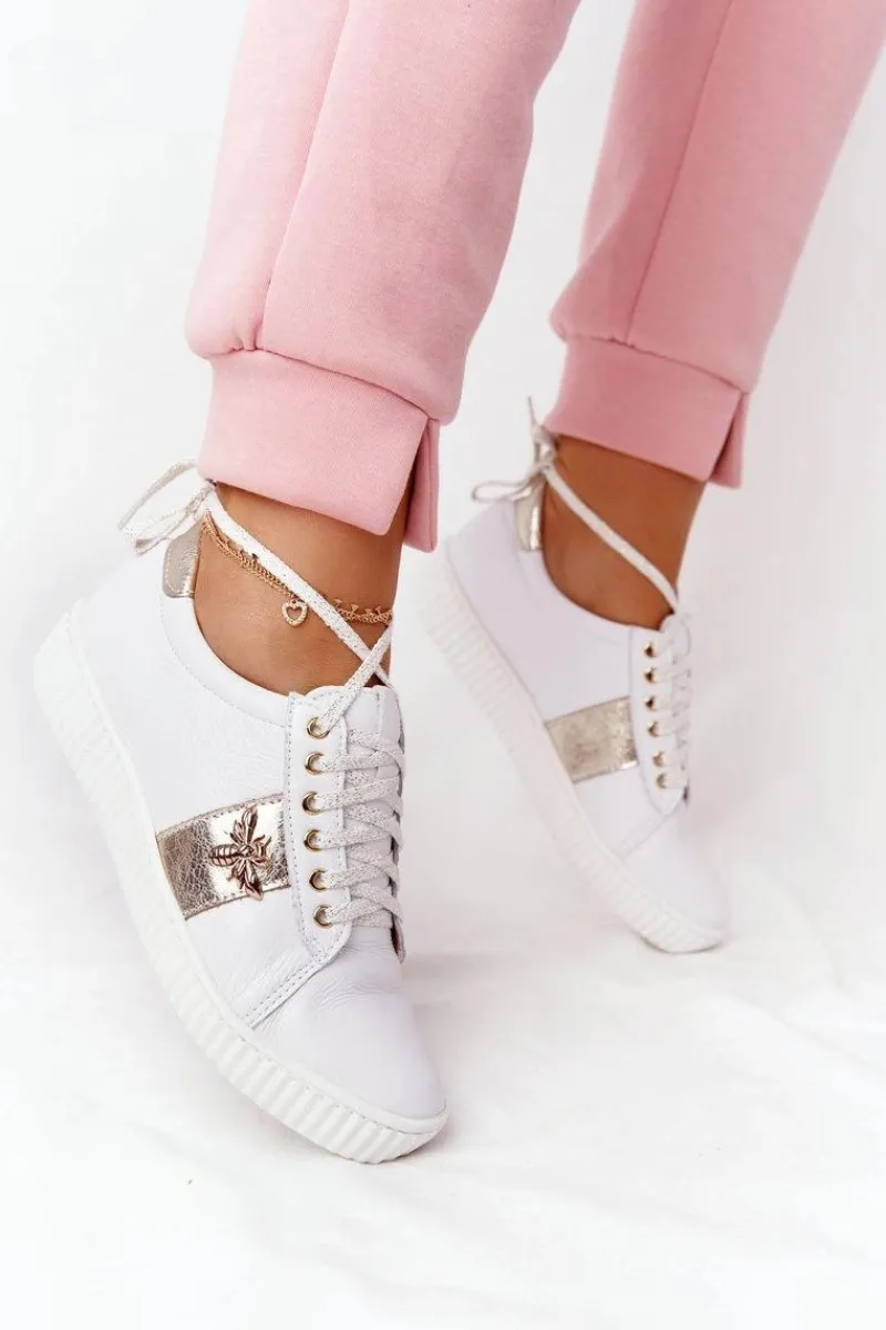 Clearance Boto Damskie Skórzane Tenisówki Lewski Shoes 2786-0 Biało-Złote
