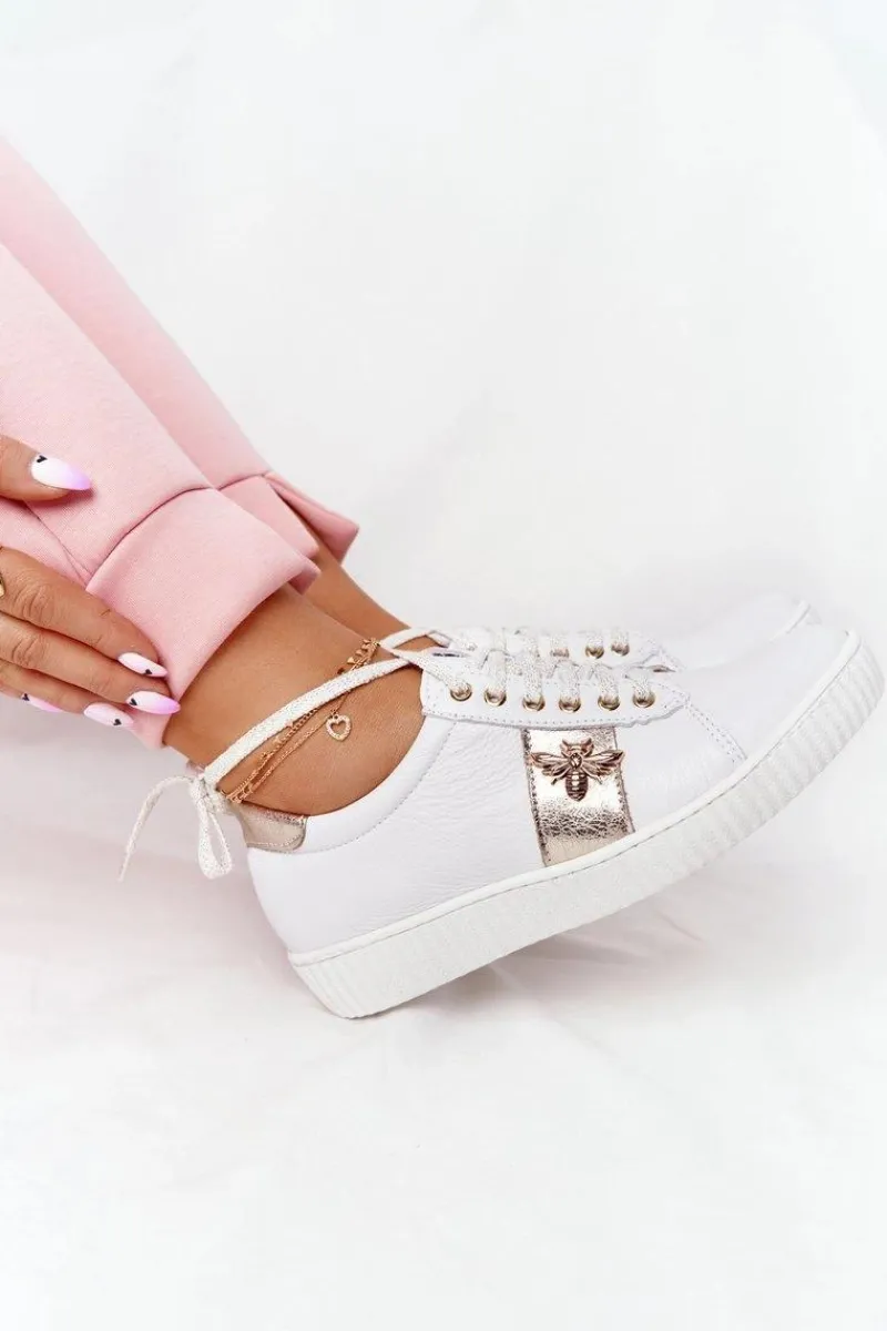 Clearance Boto Damskie Skórzane Tenisówki Lewski Shoes 2786-0 Biało-Złote