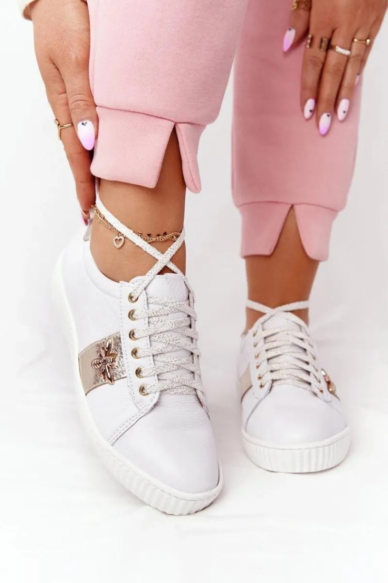 Clearance Boto Damskie Skórzane Tenisówki Lewski Shoes 2786-0 Biało-Złote
