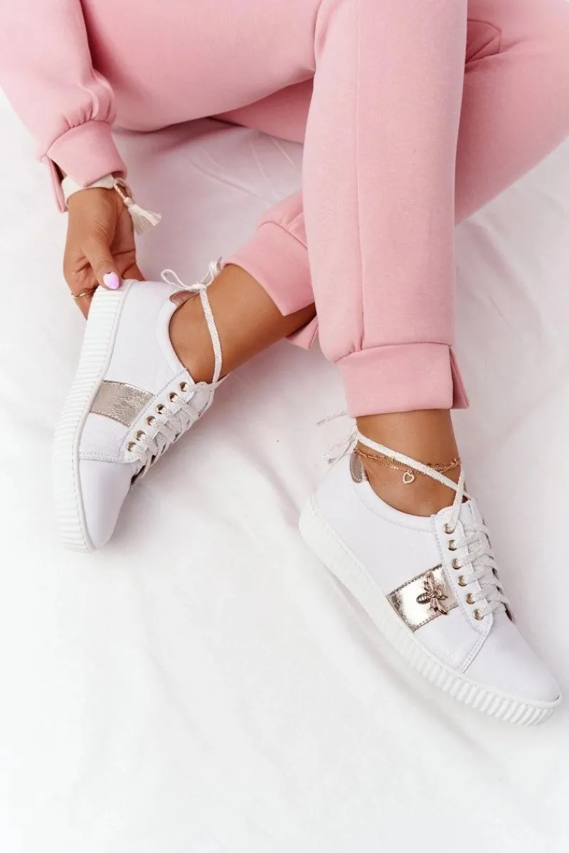 Clearance Boto Damskie Skórzane Tenisówki Lewski Shoes 2786-0 Biało-Złote