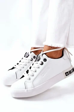 Hot Damskie Skórzane Tenisówki BIG STAR II274031 Biało-Czarne Damskie Trampki Damskie Big Star|Trampki Damskie Niskie