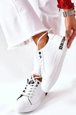 Hot Damskie Skórzane Tenisówki BIG STAR II274031 Biało-Czarne Damskie Trampki Damskie Big Star|Trampki Damskie Niskie