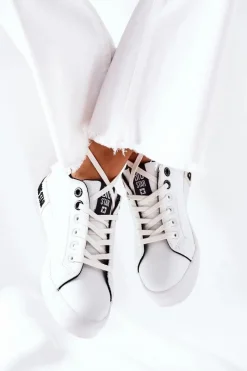 Hot Damskie Skórzane Tenisówki BIG STAR II274031 Biało-Czarne Damskie Trampki Damskie Big Star|Trampki Damskie Niskie