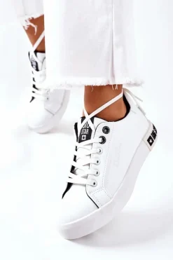 Hot Damskie Skórzane Tenisówki BIG STAR II274031 Biało-Czarne Damskie Trampki Damskie Big Star|Trampki Damskie Niskie