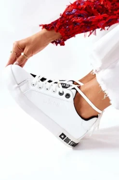 Hot Damskie Skórzane Tenisówki BIG STAR II274031 Biało-Czarne Damskie Trampki Damskie Big Star|Trampki Damskie Niskie