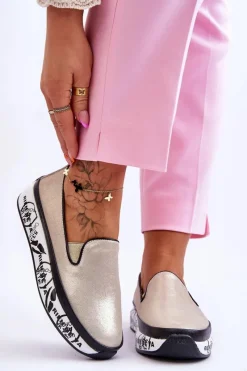 Trampki Damskie Slip-On|Trampki Damskie Niskie>Damskie buty S.Barski Damskie Skórzane Tenisówki Slip-On Złote Ottavia