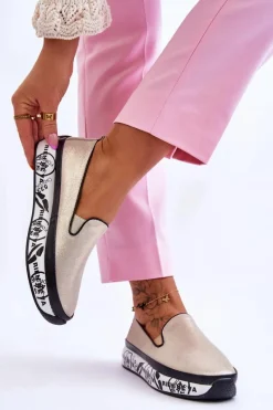 Trampki Damskie Slip-On|Trampki Damskie Niskie>Damskie buty S.Barski Damskie Skórzane Tenisówki Slip-On Złote Ottavia