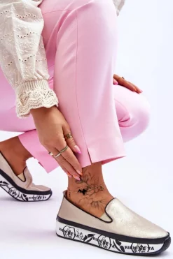 Trampki Damskie Slip-On|Trampki Damskie Niskie></noscript>Damskie buty S.Barski Damskie Skórzane Tenisówki Slip-On Złote Ottavia