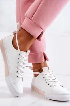 Online Boto Damskie Skórzane Tenisówki Biało-Beżowe Mikayla