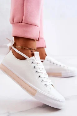 Online Boto Damskie Skórzane Tenisówki Biało-Beżowe Mikayla