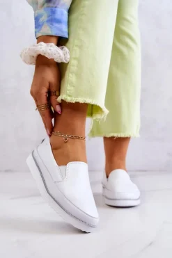 Outlet Damskie buty S.Barski Damskie Skórzane Tenisówki Slip-On S.Barski Białe