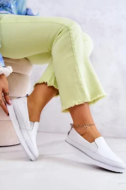 Outlet Damskie buty S.Barski Damskie Skórzane Tenisówki Slip-On S.Barski Białe
