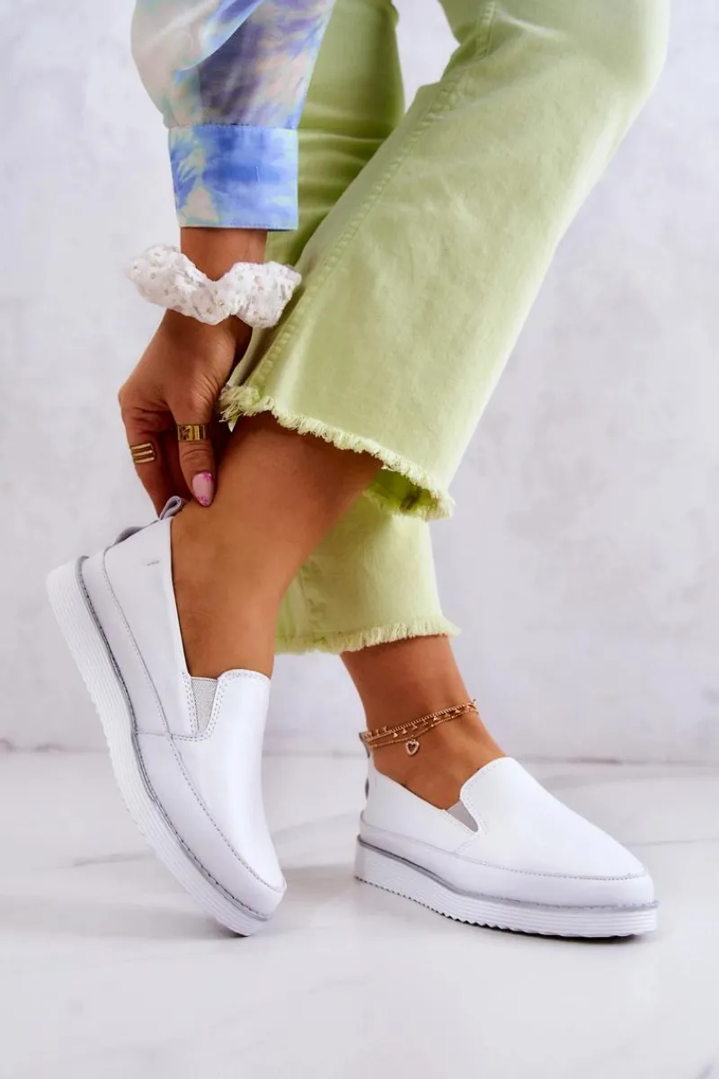 Outlet Damskie buty S.Barski Damskie Skórzane Tenisówki Slip-On S.Barski Białe