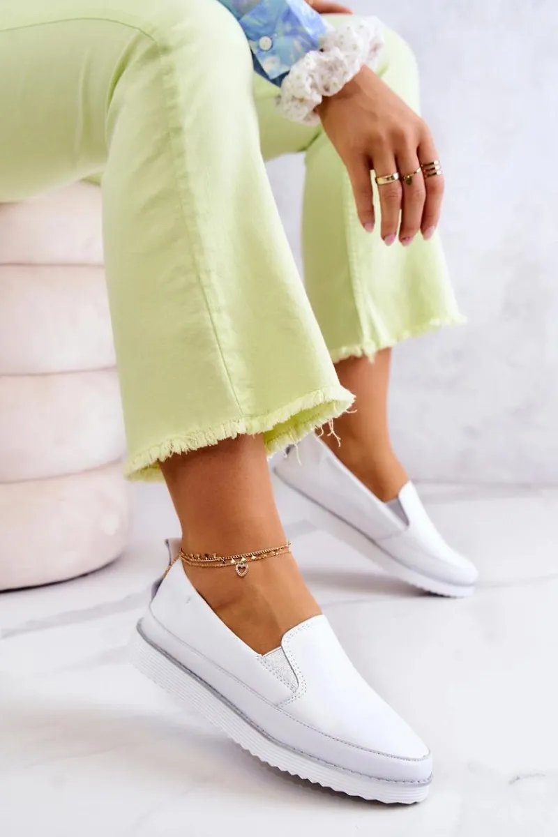 Outlet Damskie buty S.Barski Damskie Skórzane Tenisówki Slip-On S.Barski Białe