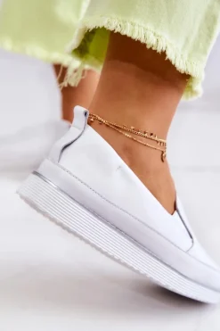 Outlet Damskie buty S.Barski Damskie Skórzane Tenisówki Slip-On S.Barski Białe