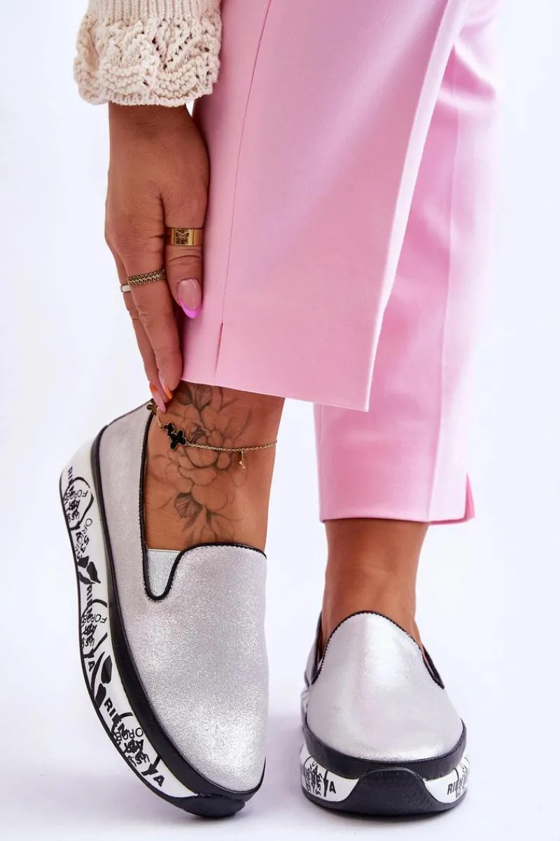 New Damskie buty S.Barski Damskie Skórzane Tenisówki Slip-On Srebrne Ottavia