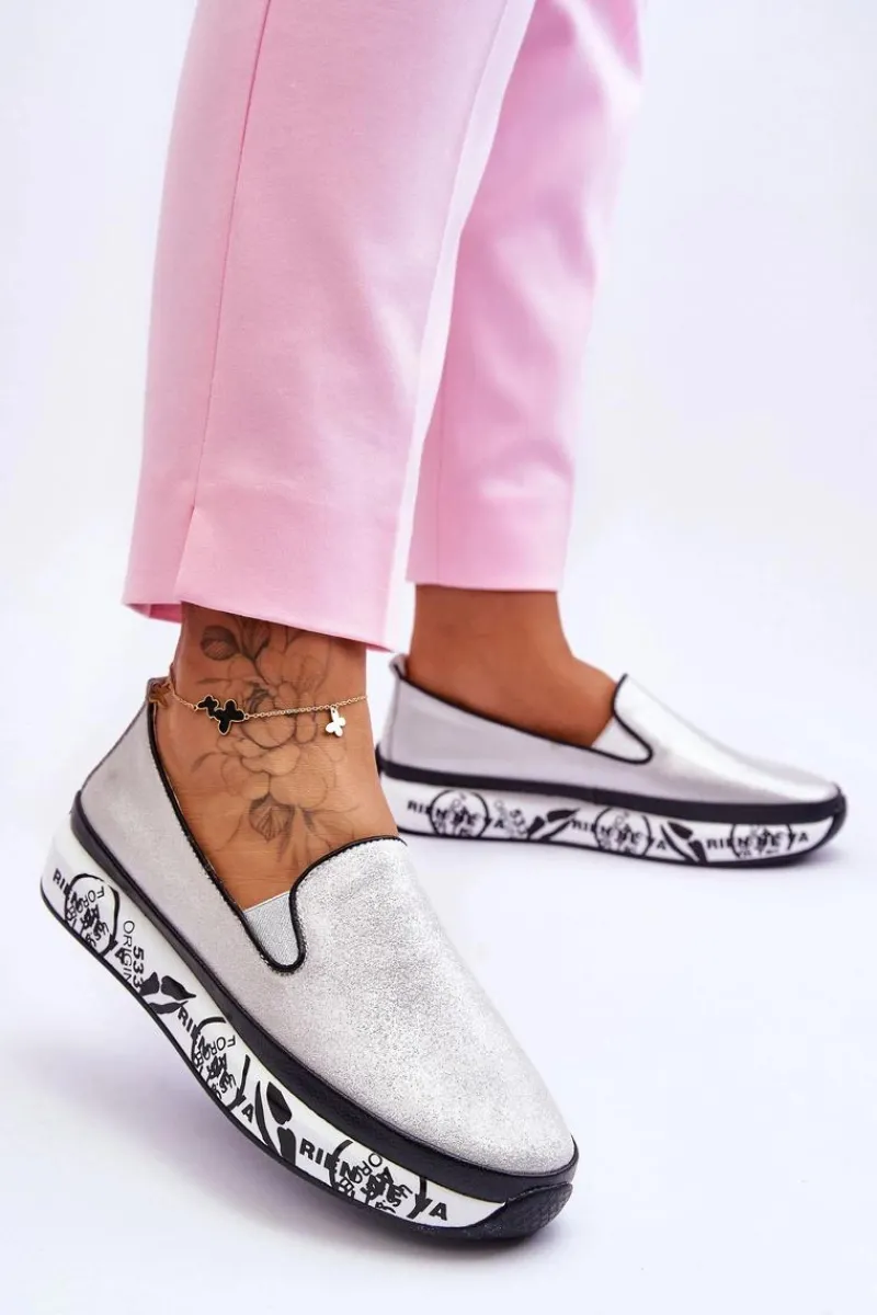 New Damskie buty S.Barski Damskie Skórzane Tenisówki Slip-On Srebrne Ottavia