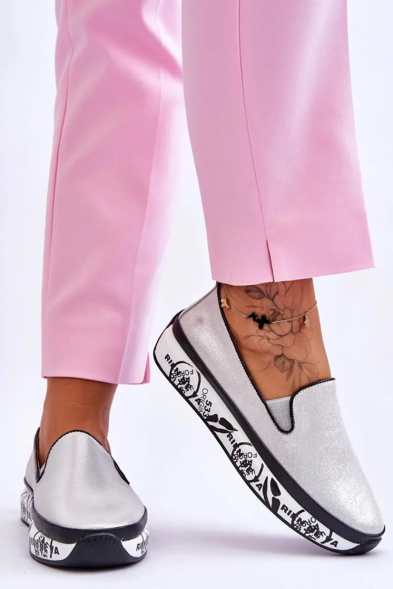 New Damskie buty S.Barski Damskie Skórzane Tenisówki Slip-On Srebrne Ottavia