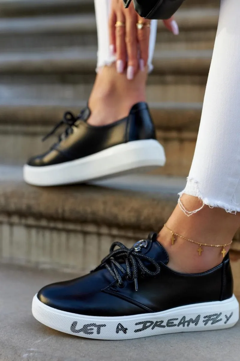 Hot Damskie buty S.Barski Damskie Skórzane Tenisówki Z Ozdobą Czarne Carrey