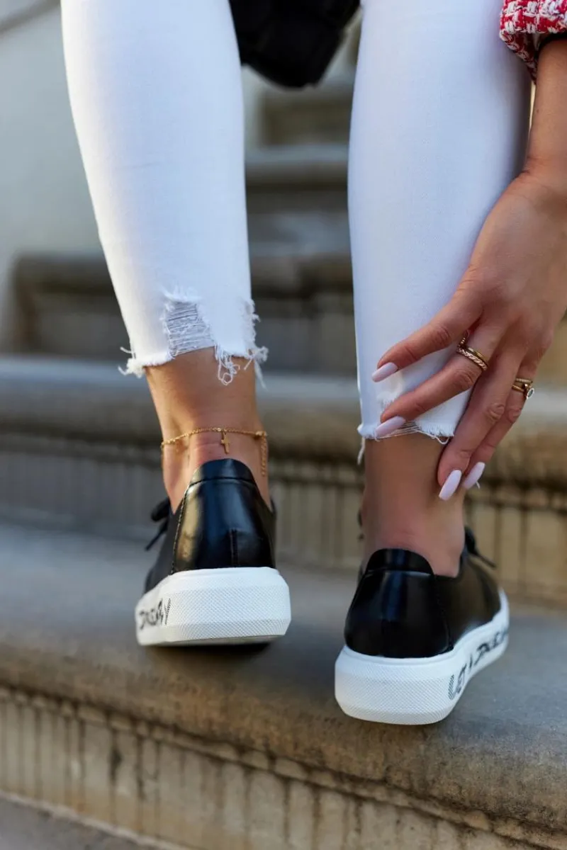 Hot Damskie buty S.Barski Damskie Skórzane Tenisówki Z Ozdobą Czarne Carrey