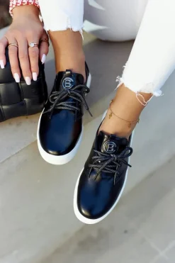 Hot Damskie buty S.Barski Damskie Skórzane Tenisówki Z Ozdobą Czarne Carrey