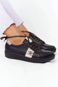 Discount Damskie Skórzane Tenisówki Lewski Shoes 2786-0 Czarno-Złote Damskie Trampki Damskie Niskie