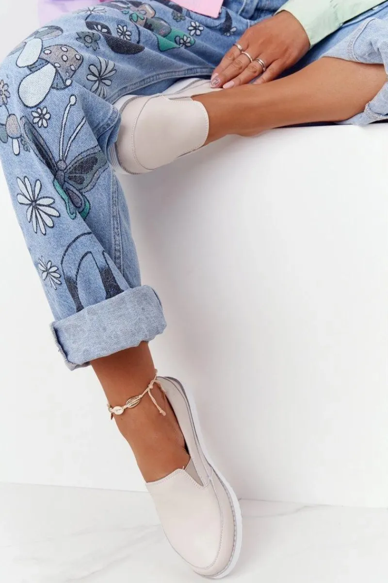 Trampki Damskie Slip-On>Damskie buty S.Barski Damskie Skórzane Tenisówki Slip-On S.Barski Beżowe