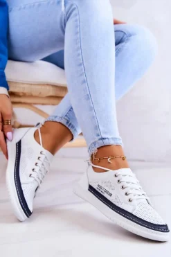 Online Damskie Skórzane Tenisówki Biało-Granatowe Cloesa Damskie Trampki Damskie Niskie