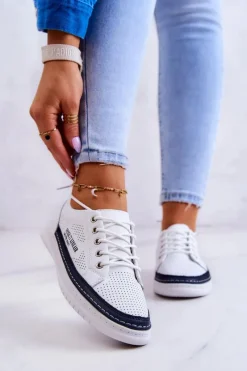 Online Damskie Skórzane Tenisówki Biało-Granatowe Cloesa Damskie Trampki Damskie Niskie