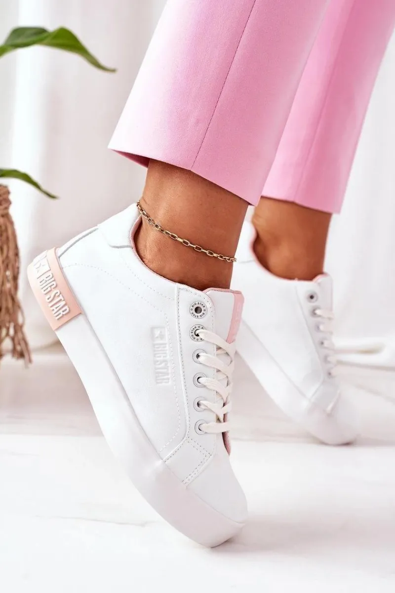 Damskie Skórzane Tenisówki BIG STAR II274033 Biało-Różowe Damskie Trampki Damskie Big Star|Trampki Damskie Niskie