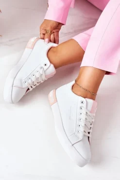 Damskie Skórzane Tenisówki BIG STAR II274033 Biało-Różowe Damskie Trampki Damskie Big Star|Trampki Damskie Niskie