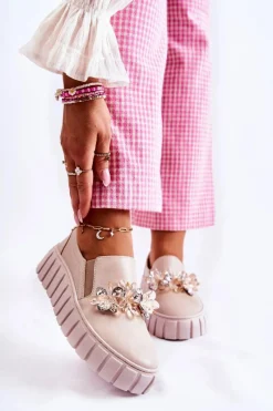 Trampki Damskie Slip-On>Boto Damskie Skórzane Tenisówki Slip-On Z Ozdobą Beżowe Mirana