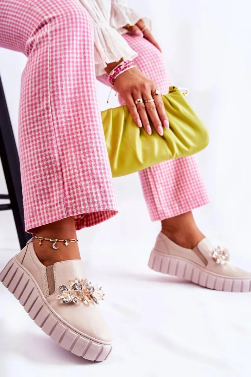 Trampki Damskie Slip-On>Boto Damskie Skórzane Tenisówki Slip-On Z Ozdobą Beżowe Mirana