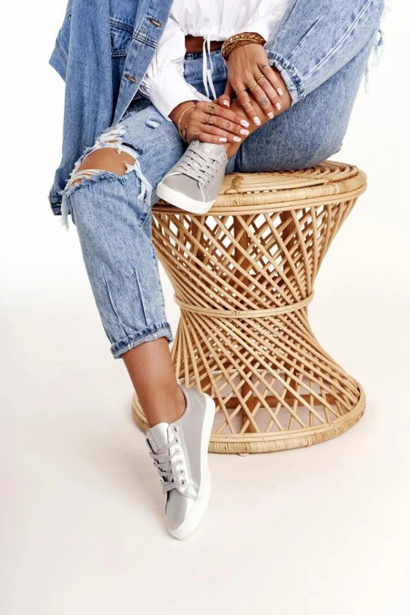 Clearance Damskie Skórzane Tenisówki BIG STAR HH274143 Srebrne Damskie Trampki Damskie Big Star|Trampki Damskie Niskie