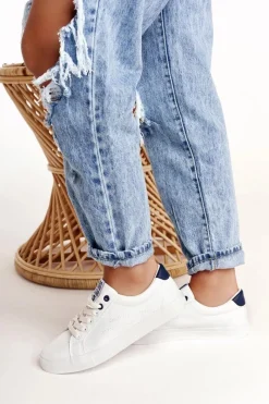 New Damskie Skórzane Tenisówki BIG STAR BB274211 Biało Granatowe Damskie Trampki Damskie Big Star|Trampki Damskie Niskie