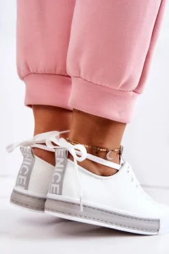 Outlet Boto Damskie Skórzane Tenisówki Biało-Szare Mikayla