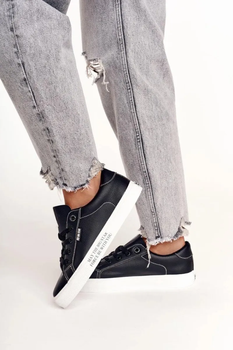 Trampki Damskie Big Star|Trampki Damskie Niskie>Big Star Shoes Damskie Skórzane Tenisówki Z Napisem BIG STAR EE274315 Czarne