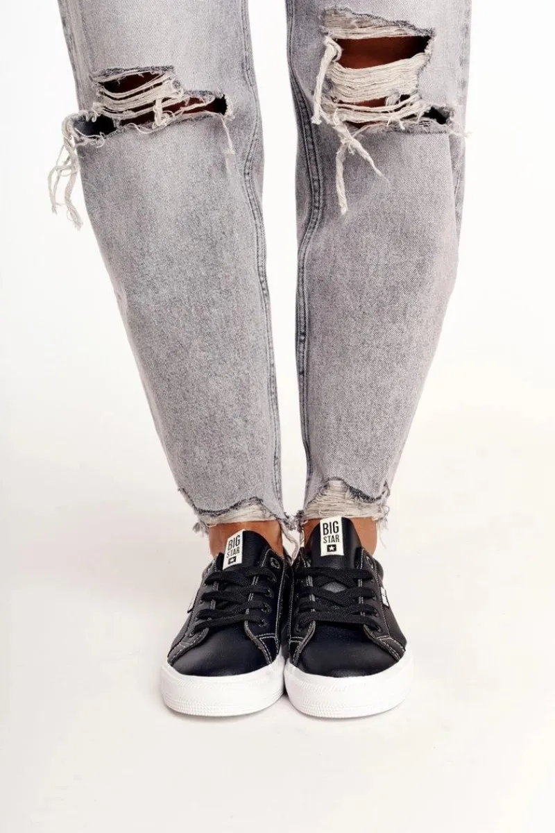 Trampki Damskie Big Star|Trampki Damskie Niskie>Big Star Shoes Damskie Skórzane Tenisówki Z Napisem BIG STAR EE274315 Czarne