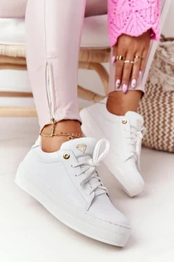 Trampki Damskie Niskie>Boto Damskie Skórzane Tenisówki Na Platformie Białe Nicole 2645