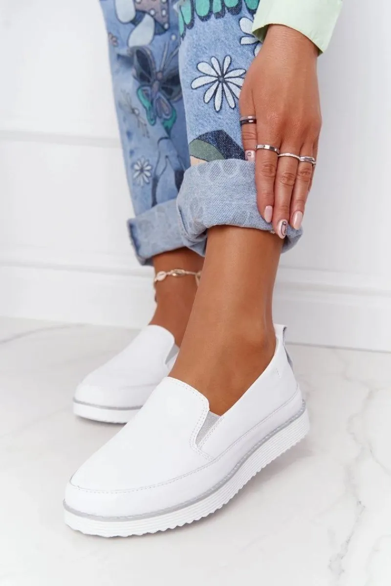 Discount Damskie Skórzane Tenisówki Slip-On S.Barski Białe Damskie Trampki Damskie Slip-On