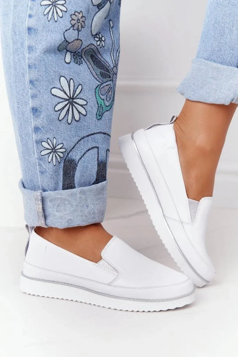 Discount Damskie Skórzane Tenisówki Slip-On S.Barski Białe Damskie Trampki Damskie Slip-On