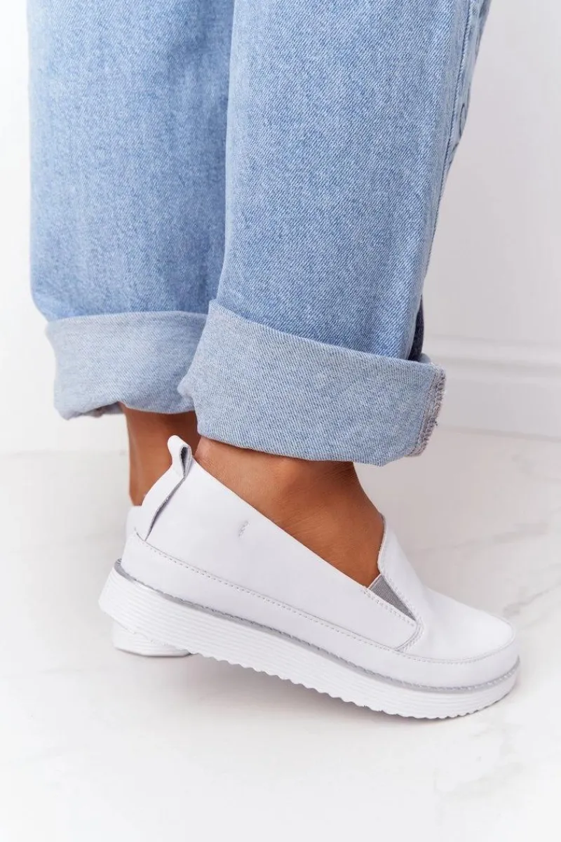 Discount Damskie Skórzane Tenisówki Slip-On S.Barski Białe Damskie Trampki Damskie Slip-On