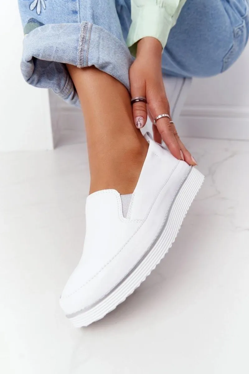 Discount Damskie Skórzane Tenisówki Slip-On S.Barski Białe Damskie Trampki Damskie Slip-On